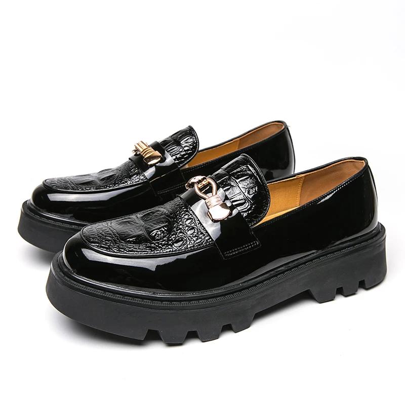 Men Shiny Leather Loafers Slip-On Business Casual Shoes Black Heighten Thick Platform Sole Comfortable Oxford Office Dress Shoes