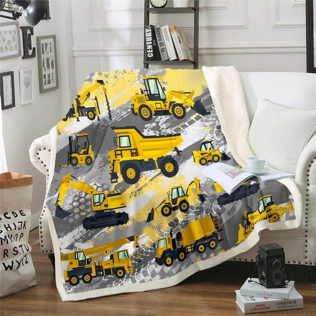 Equipment Trucks Sherpa Blanket Kids Boys Excavators Fleece Throw Blanket for Bed Sofa Couch Children Green Vehicle Plush Blanket Soft Const