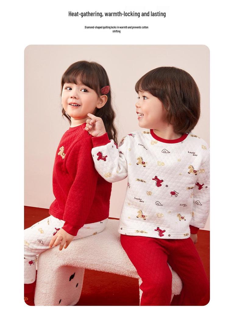 Antibacterial Quilted Children's Autumn/Winter Pajamas Set - Red Top & Pants for Boys and Girls
