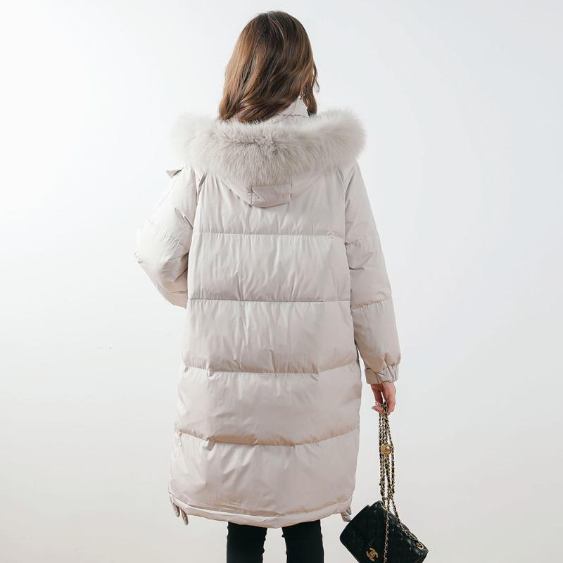 Feather 90 Down Women's Solid Color Hooded Medium and Long Women's Clothing Thickened Fox Fur White Duck Down Jacket