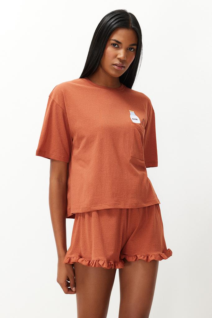 Women's Fashion New Pajama Set Gray Cotton Printed T-shirt-Shorts Knitted Pajama Set