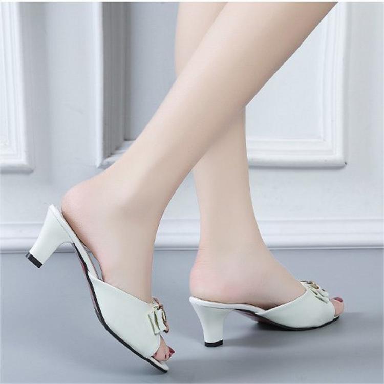 Women's Summer Clip On Middle-High Heel Slippers Casual Fish Mouth Bow Outdoor Slim Heels Sandals 35-42