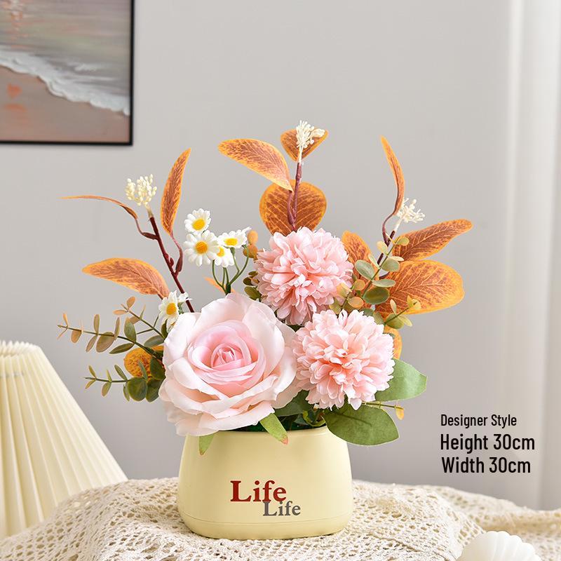 Living Room Decor: Artificial Sunflower and Green Plant Arrangements, Small Potted Plants, and Plastic Bouquets