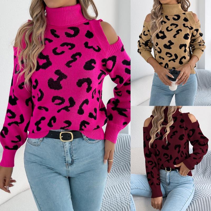 Women S Leopard Print Long Sleeve High Neck Casual Sweater