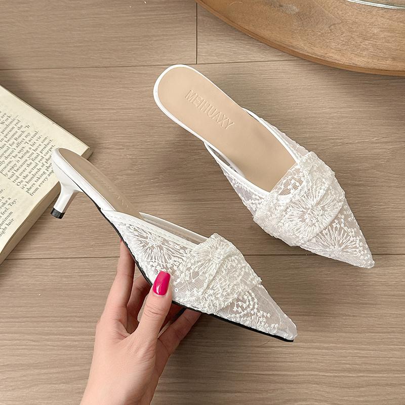 Fashion New Popular White Embroidery Lace Heels Mule Slide Woman Point Toe Stiletto Bride Shoes Ladies Elegant Wedding Party Dress Pumps