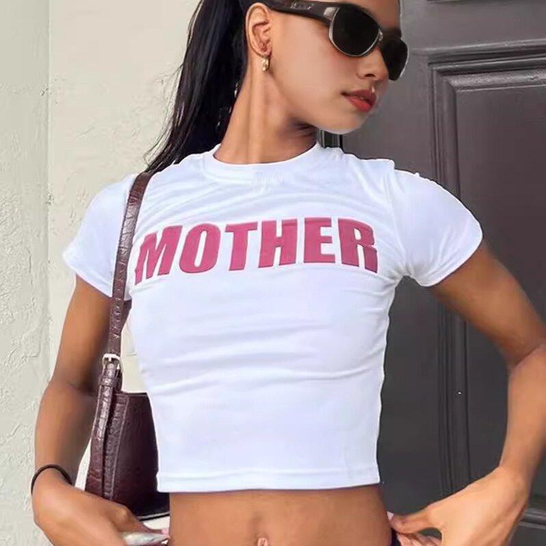 Y2K Fashion Letter Print Fairy Grunge Summer E-girl White Crop Tops Slim 2000s Streetwear Harajuku Goth Short Sleeve T-shirts