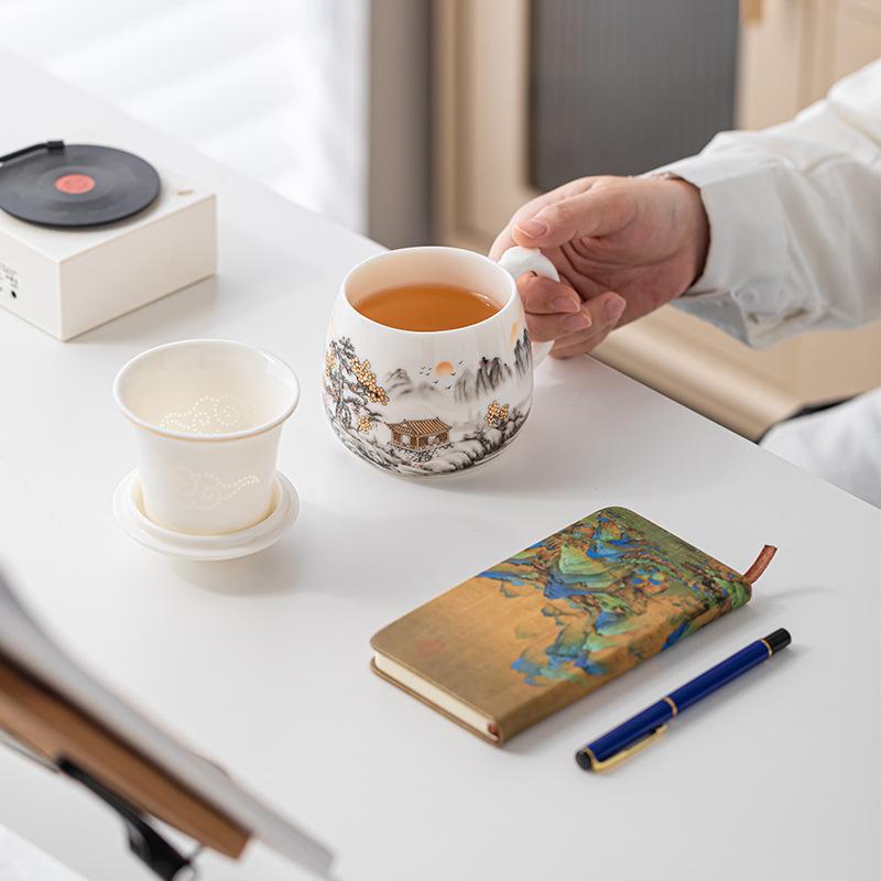 Dehua white porcelain business activities ceramic office cup thousand miles Jiangshan teacup with lid tea separation water cup set printing