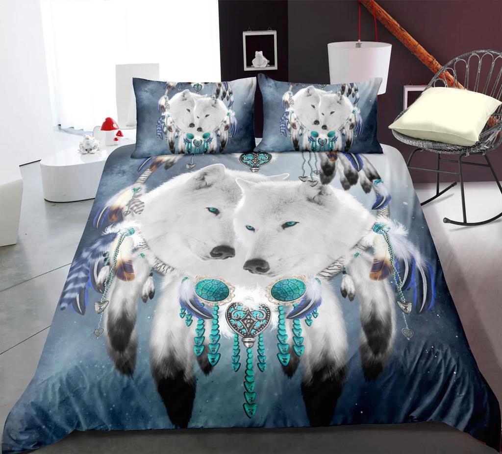 Wolf Dreamcatcher Bedding Set,Dreamcatcher Animal Print Duvet Cover King Size For Adult Boys Kids,Exotic Bohemian Duvet Cover