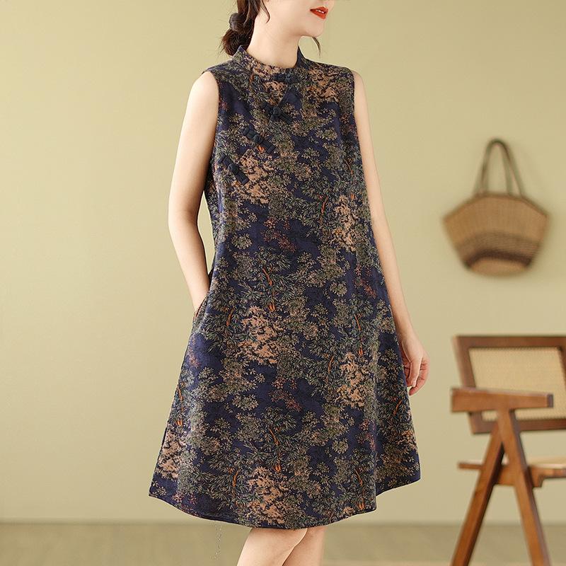 Ретро Модифицированная юбка-чеонгсам с дисковыми пуговицами Свободное утягивающее платье без рукавов с принтом