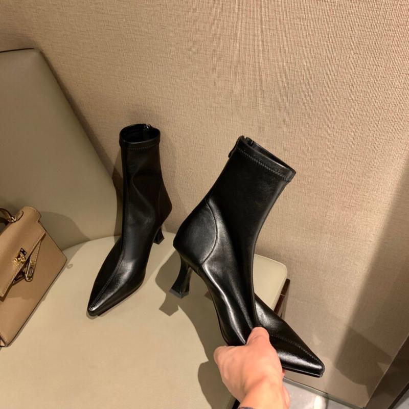 Мода 2024 Женские ботильоны из натуральной кожи, туфли для офисной леди, женские туфли с острым носком на тонком высоком каблуке, осенние стрейч, размеры 35-39
