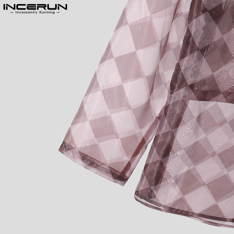 INCERUN Мужские рубашки с длинным рукавом в клетку с лацканами, прозрачные топы для вечеринок