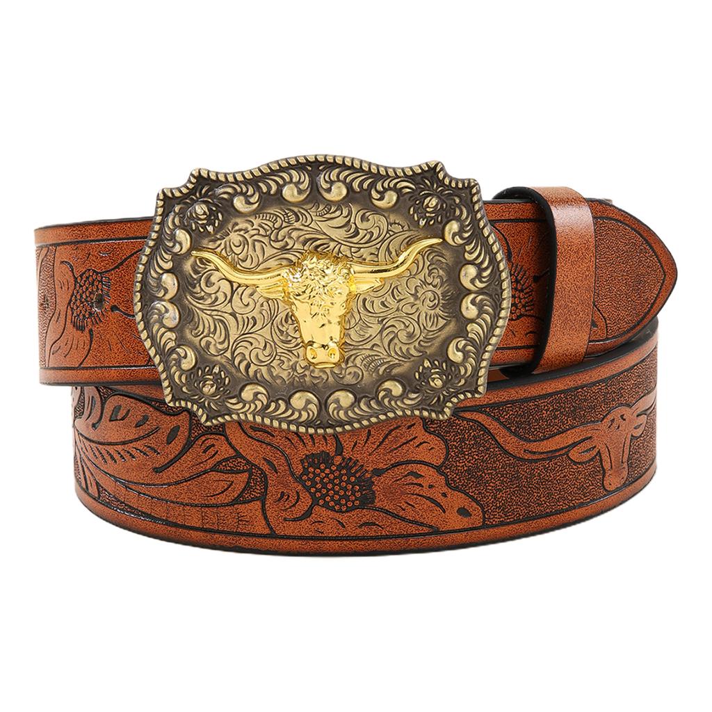 Vintage Western Belt Longhorn Bull Belt Buckle Belt Cowboy Belts For Men Western With Big Buckle Jeans Belt Leather Belt
