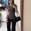 High Elastic Low Waist Black Flare Jeans for Women - Retro Slimming Long Pants