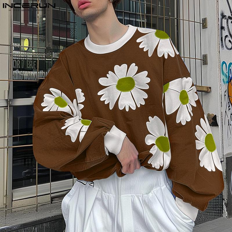 INCERUN Мужские весенние тонкие толстовки с длинным рукавом и круглым вырезом в стиле пэчворк с цветочным принтом