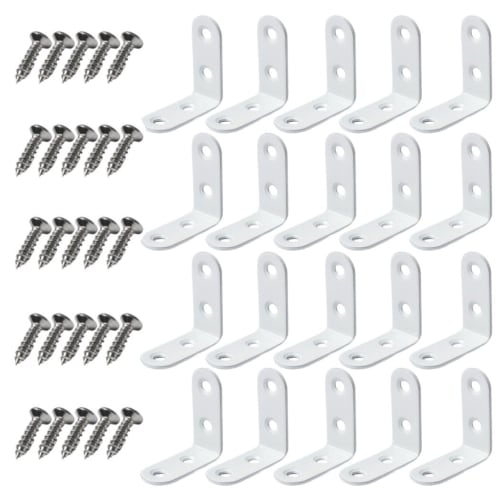 XSAJU Brackets, Shelf Brackets, 40*40*16mm, Set of 20, L-Shaped, Angle Brackets, Screw-Included, Stainless Steel, Perforated, Right Angle (White)
