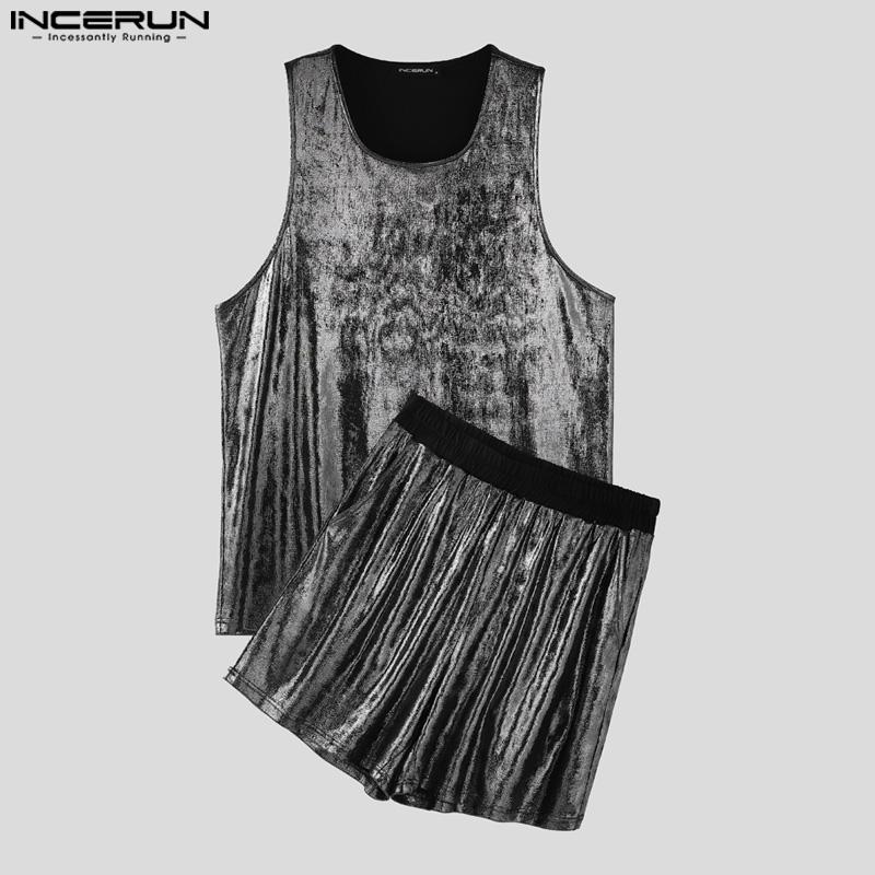 INCERUN Two Pieces Men Glitter Sleeveless Tank Tops and Shorts Casual Sets