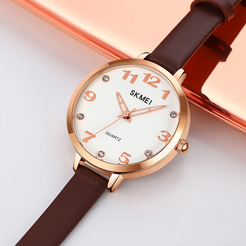 SKMEI Кожаный ремешок Ультра арабский легко читаемый коричневый женские часы для старшей школы, стильный, простой, ремешок, часы, повседневный, деловой, тонкий, легкий,
