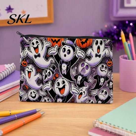 Portable Storage Bag Halloween Bag, with Colorful Cartoon Ghost Print, Durable Canvas Pouch Makeup Zipper Large Capacity Lightweight Travel