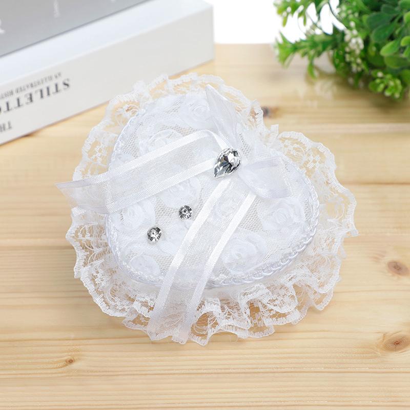 Ring Box Heart Wedding Lace Holder Pillow Ceremony Pillows Jewelry Bearer White Shape Boxes Pearl Rhinestone Case Love Proposal