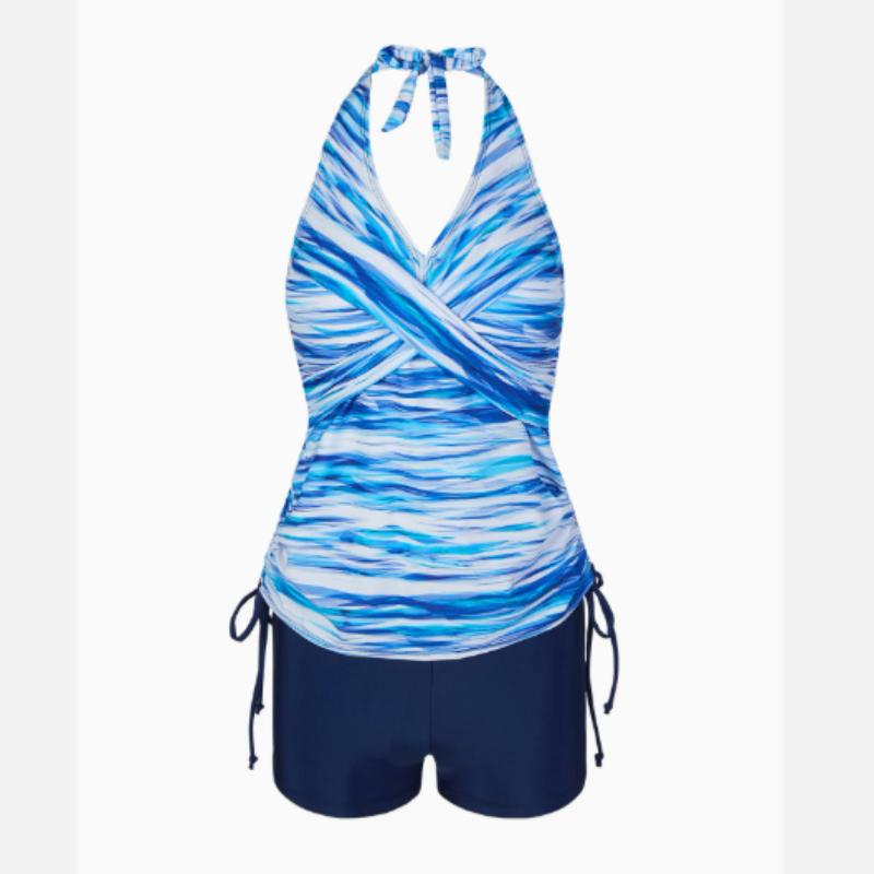 Классический черный комплект танкини с завязками на шее, купальник-боксер с рюшами и перекрестными вставками по центру, женская одежда для плавания и купальники