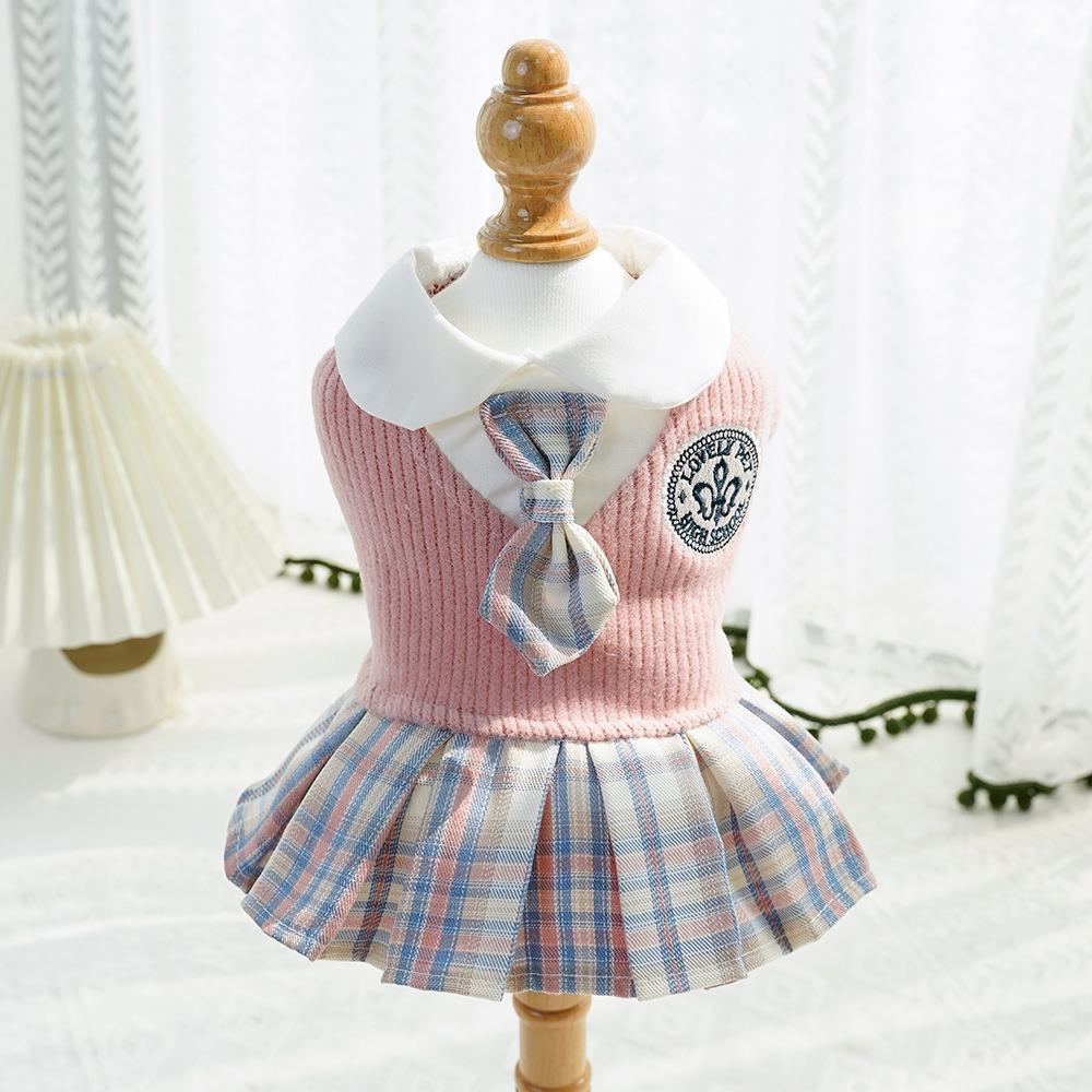 Knitted Cat Clothes Comfortable Design Dog Dress Thicken Pet JK Plaid Skirt  Small Medium Dogs