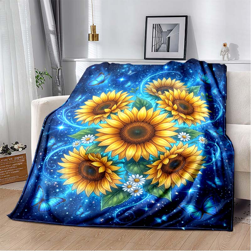 Sunflower & Blue Butterfly Print Flannel Blanket, Starry Sky Background Cozy Throw