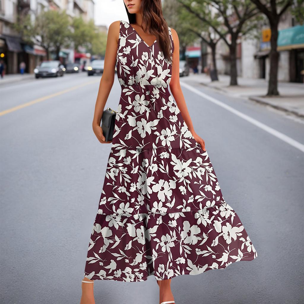 Женские струящиеся платья Женские летние платья Повседневные длинные платья без рукавов Милые длинные платья с цветочным принтом