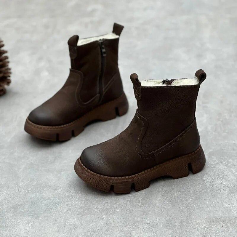 Johnature Винтажные ботинки ручной работы из натуральной кожи из шерсти, женские короткие сапоги с круглым носком на утолщенной теплой толстой подошве