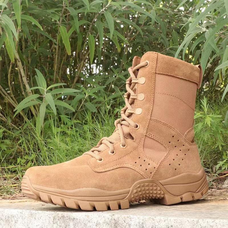 Мужские водонепроницаемые боевые тренировочные ботинки из натуральной коричневой кожи с боковой молнией — песочного цвета для активного отдыха, альпинизма и использования в пустыне.