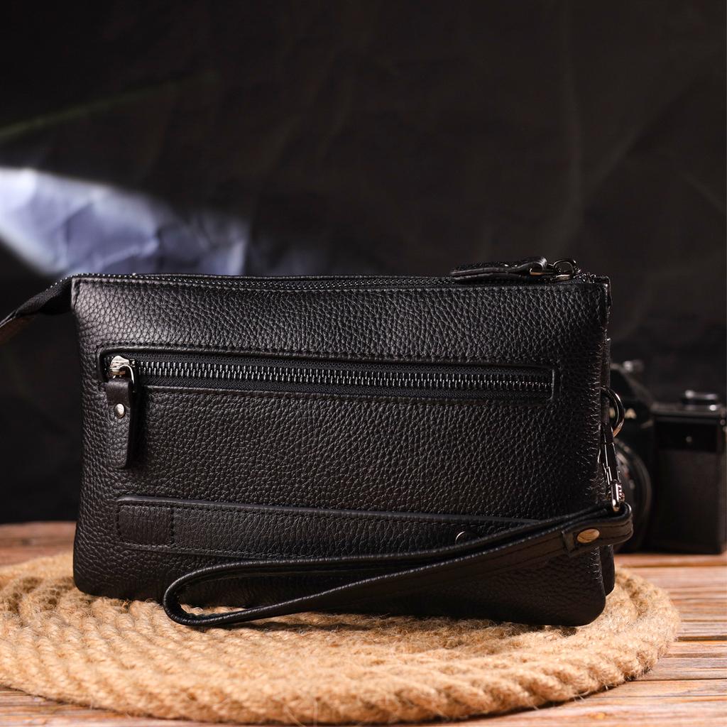 Spacious Men's Clutch Made of Genuine Grained Leather CANPELLINI 21557 Black