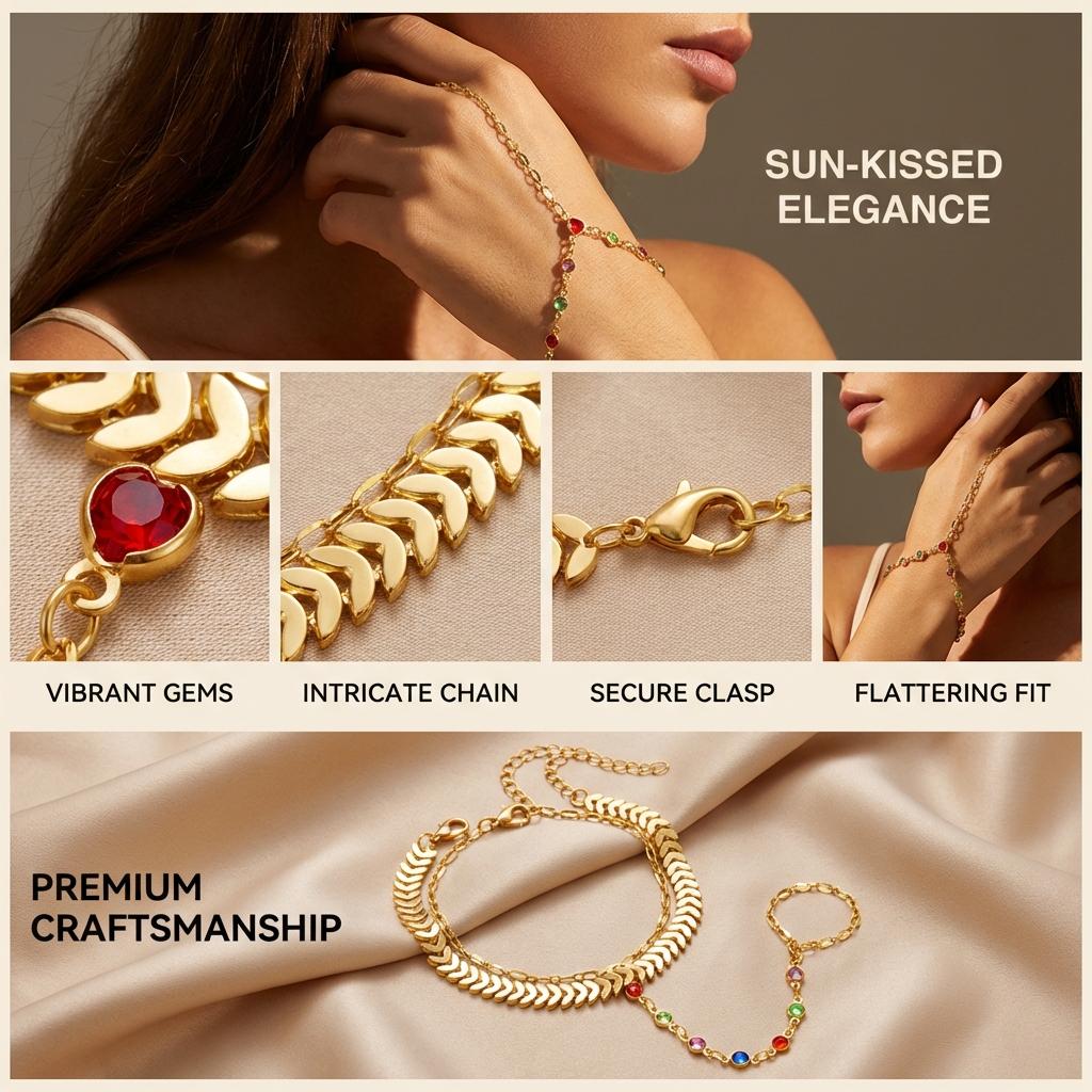Boho Gold Color Leaf Rainbow Stone Chain Bracelet for Women Vintage Multilayer Finger Ring Hand Bracelet Fashion Jewelry Gift