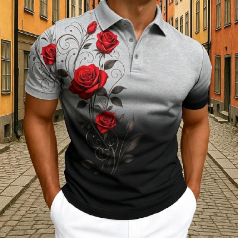 Men's Elegant Rose Floral Print Polo Shirt Men's Outdoor Street Short Sleeve Tees Top Summer Home Casual T-shirt Men's and Women's Polo Shirt