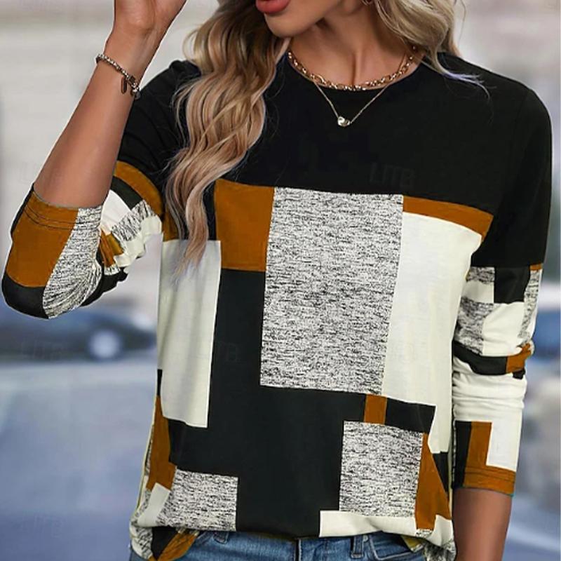 Tops For Women Fashion Block Splicing Print Round Neck Long Sleeve T-shirt Fall Casual Slim Pullover Women's Long Sleeve Top