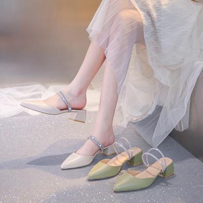 Стразы сандалии женские средний каблук толстый каблук модные крутые шлепанцы женские весна и лето два способа носки новая обувь с закрытым носком