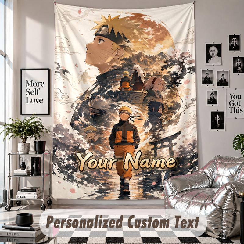 Wall Hanging Tapestry With Custom Name & Text, Naruto Decorative Tapestry For Bedroom