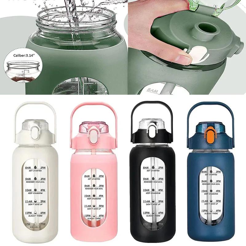 2024 Новая 946 мл/1656 мл/1892 мл Стеклянная бутылка с силиконовым чехлом-соломинкой и отметкой времени Кемпинг Дом Офис Спортзал Стеклянная бутылка для воды