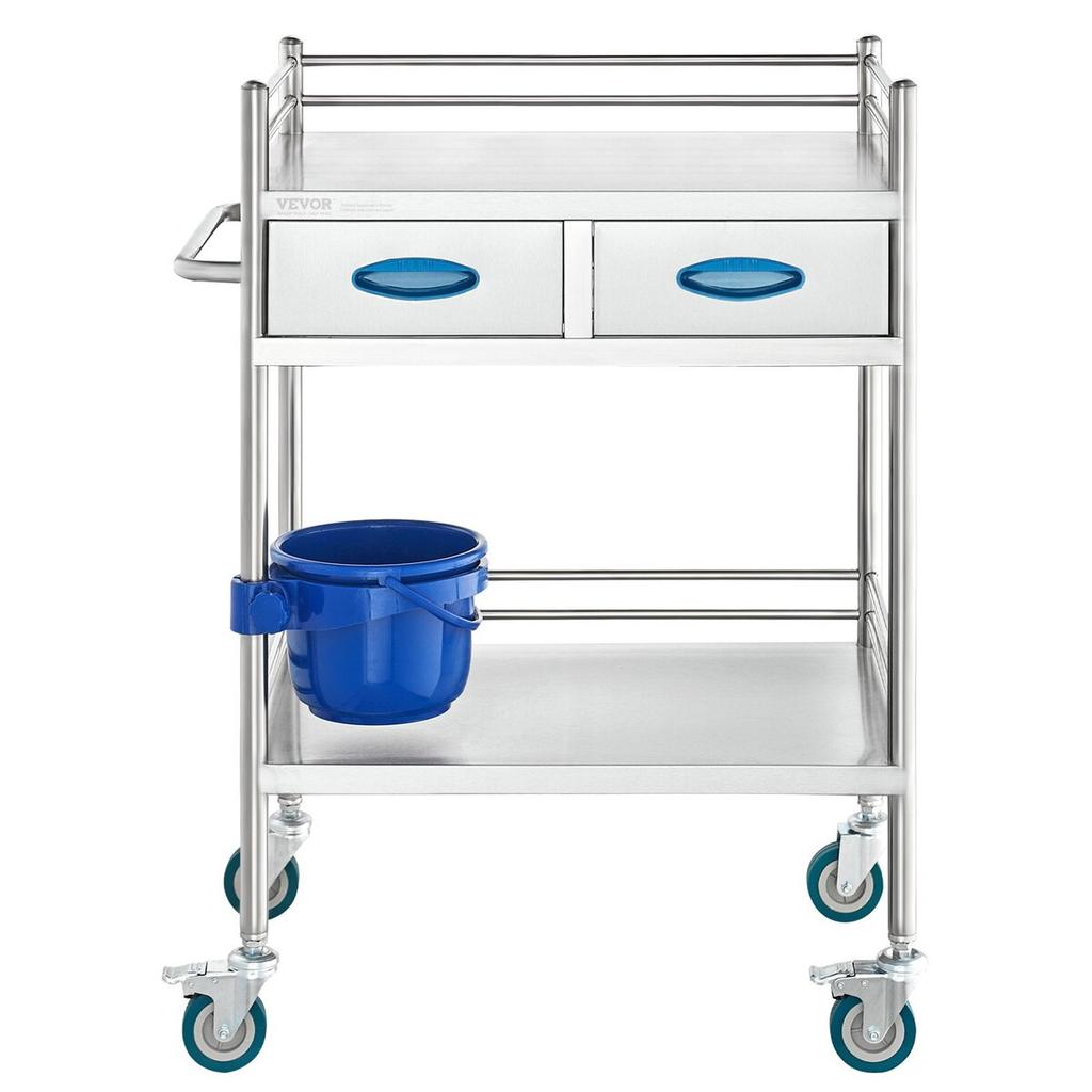 Lab Serving Cart, 2 Layers Stainless Steel Utility Rolling Cart, Medical Cart with Two Drawers, Dental Utility Cart with Lockable Wheels and A Bucket,