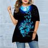 Plus Size Women's Summer Moonlight Butterfly Print Comfortable Short Sleeved Round Neck T-shirt Casual Baggy Medium Length T-shirt