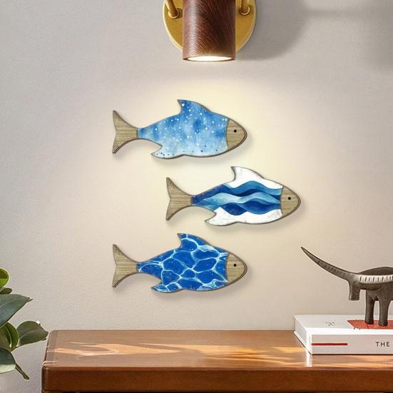 3 Pcs Vintage Beach Wall Decor Nautical Wooden Fish Wall Art Coastal Theme Blue Fish Wall Sculpture Lake House Ocean Ornaments for Bathroom Bedroom