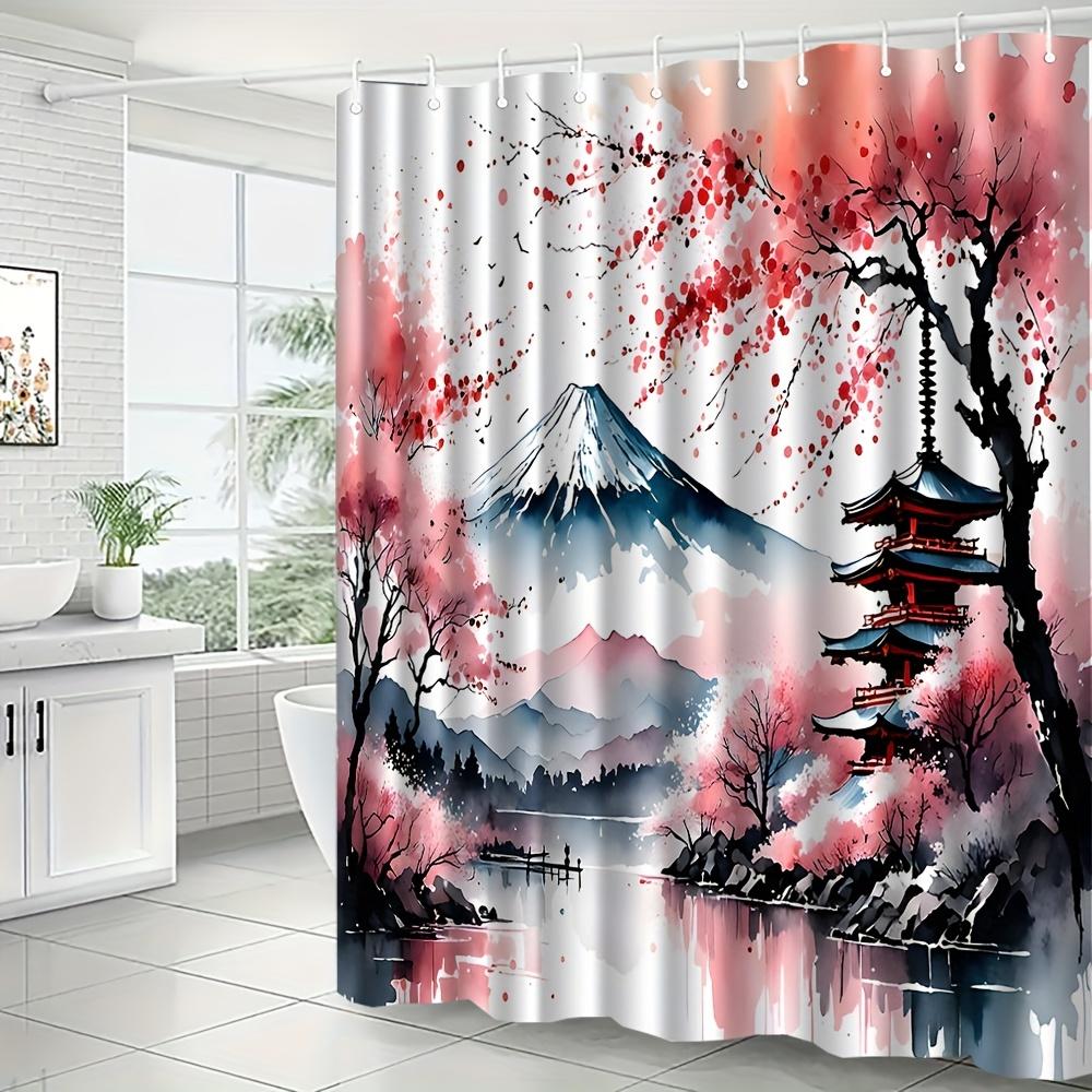 1pc Fuji cherry blossom pattern shower curtain, polyester fabric, machine washable, with hooks, suitable for bathroom decoration