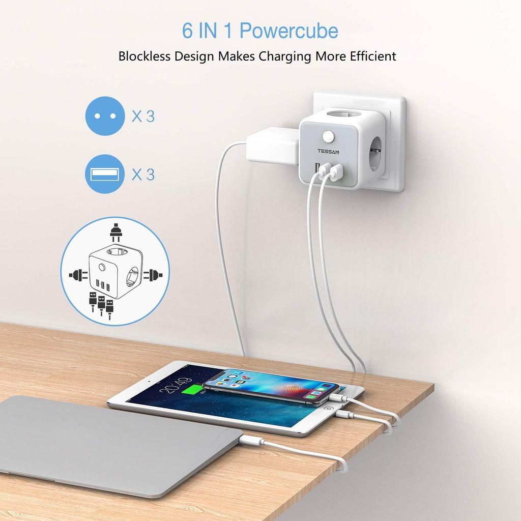 Tessan USB-разъем европейского стандарта с 1/3 розетками переменного тока, 2/3 USB-портами для зарядки и переключателем включения/выключения, дорожным адаптером для настенного зарядного устройства ЕС