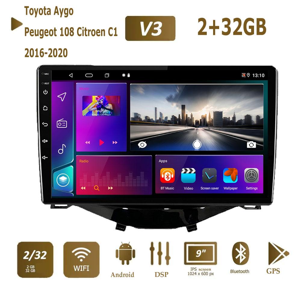 Автомобильный мультимедийный плеер Android 2 Din для Toyota Aygo Peugeot 108 Citroen C1 2016-2020, головное устройство, стерео Carplay, GPS-навигация, BT, WIFI, 2 + 32 ГБ