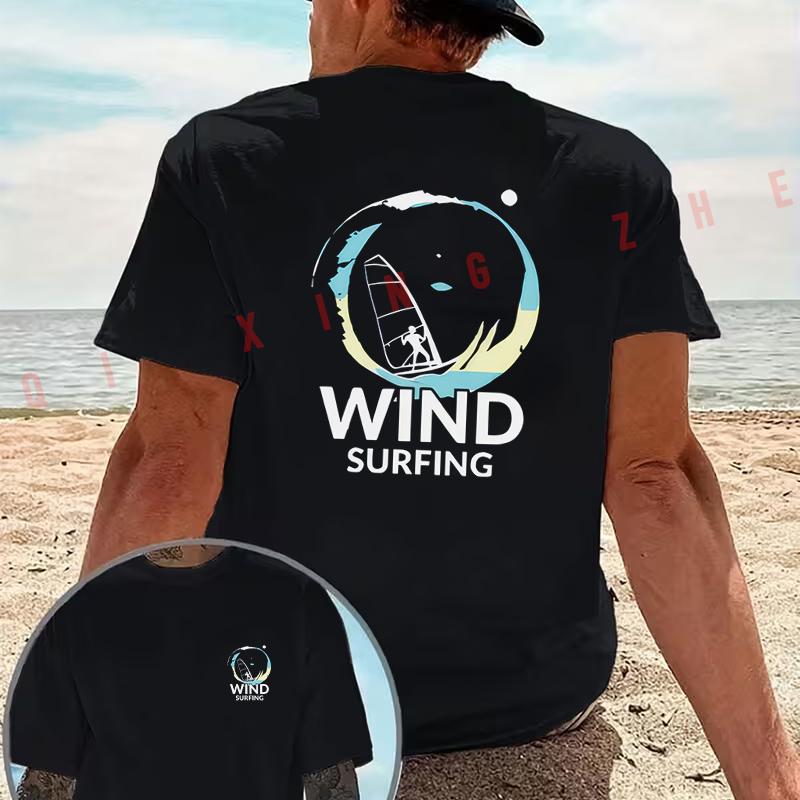 Blue and Yellow WIND SURFING graphic motorcycle T-Shirt Double-Sided Print Men‘s Casual Short Sleeve Summer O-neck Tops