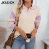 Women's Fashion Casual Fall Winter Solid Color Print Long Sleeve POLO Neck Sweaters