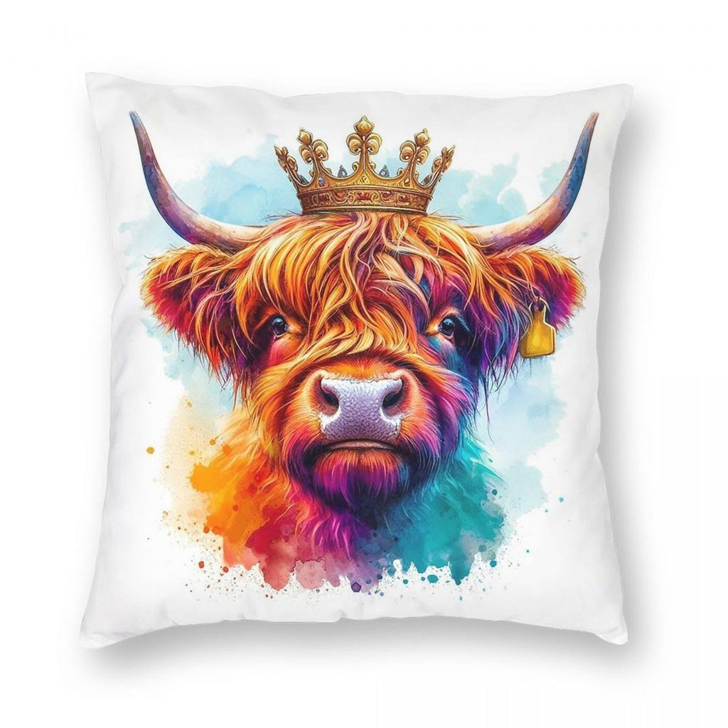 Scottish Highland Cow Wearing Crown Square Pillowcase Polyester Linen Velvet Printed Zip Decorative Car Cushion Cover