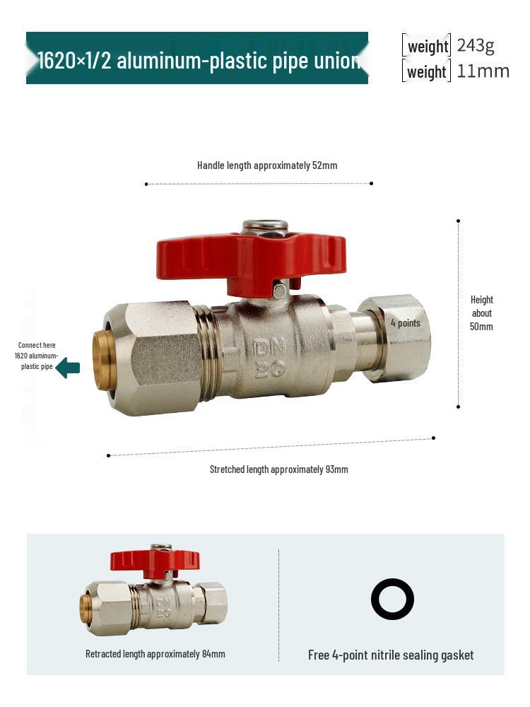 All-Copper Aluminum-Plastic Pipe Compression Ball Valve for Underfloor Heating - Internal Thread, Solar 1216/1620/2025