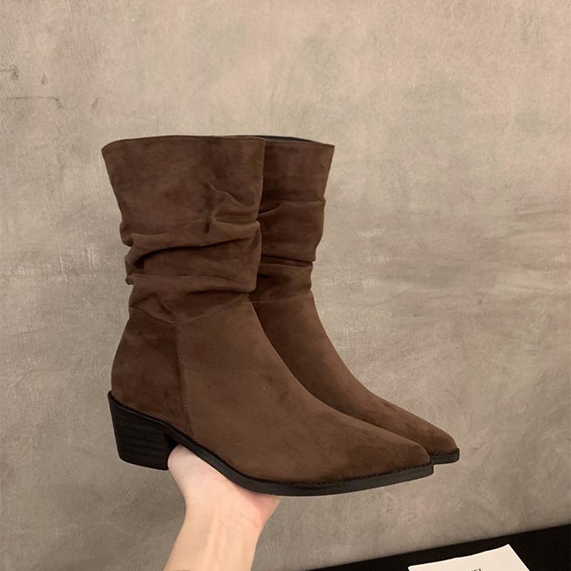 Vintage Pointed Toe Women Western Cowgirl Boots Fashion Slip On Shoes Autumn Winter Square Heel Women's Suede Short Booties
