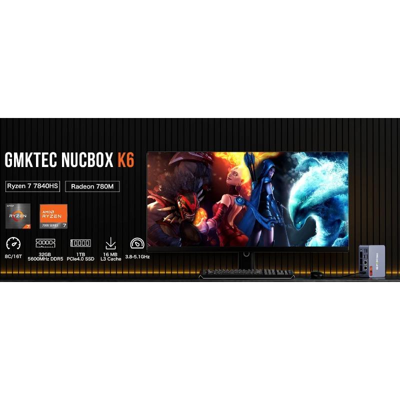 GMKtec K6 Mini PC AMD R7-7840HS 8C/16T 16 Go RAM 512 Go PCIe 4.0 SSD Mini ordinateur de bureau Fenêtre 11 Pro WiFi 6E/BTstimule Type-C