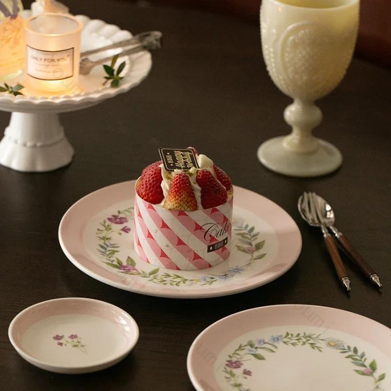 Керамические тарелки с цветами во французском стиле, розовые, в стиле ретро, для десерта, небольшого торта, столовая тарелка, для домашнего чаепития, изысканная столовая посуда