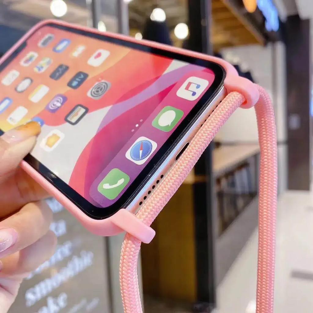 Матовый силиконовый чехол для iPhone 13 12 Mini 16 15 14 11 Plus Pro Max с ремешком через плечо и ремешком на ожерелье цвета конфет, мягкий чехол